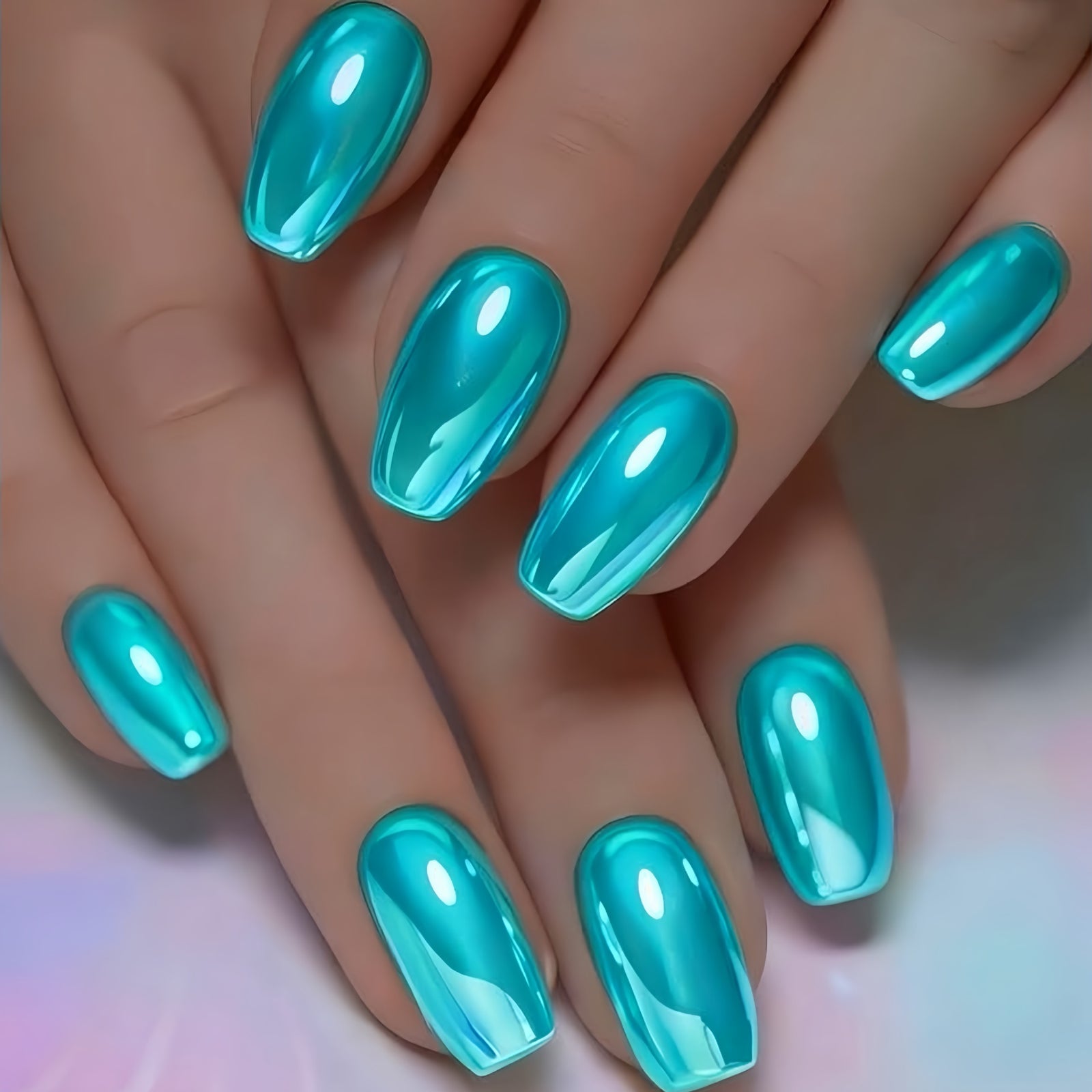 24pcs/Set Chrome Shiny Light Blue Press-On Nails