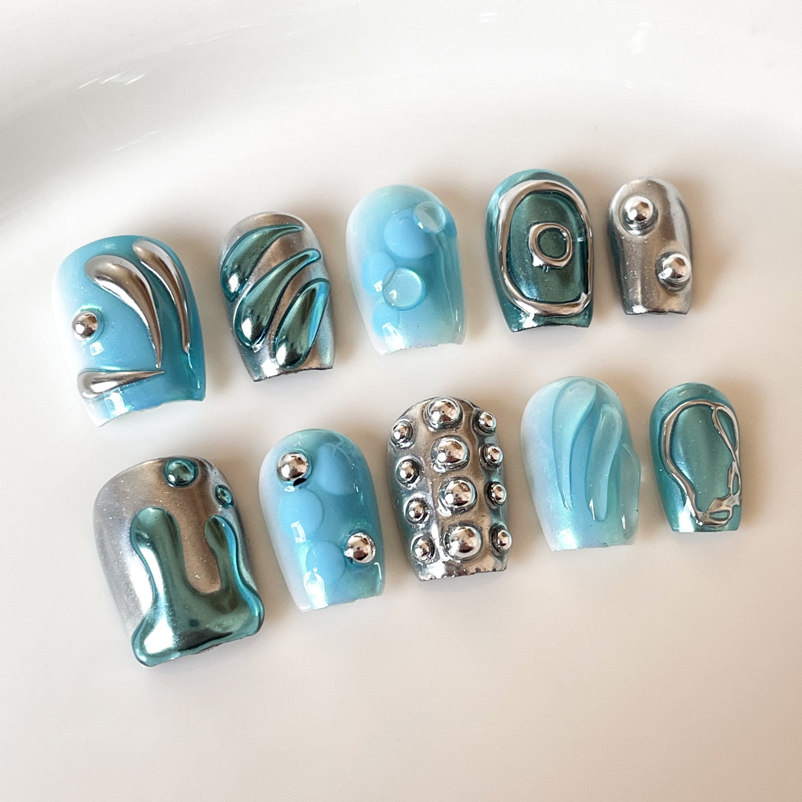 (Handmade) 10pcs/Set Blue 3D Mermaid's Tears Press-On Nails