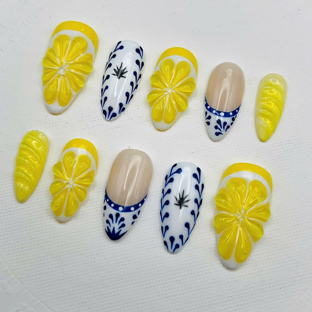 (Handmade) 10pcs/Set Lemon Yellow Blue Tile Citrus 3D Press-On Nails