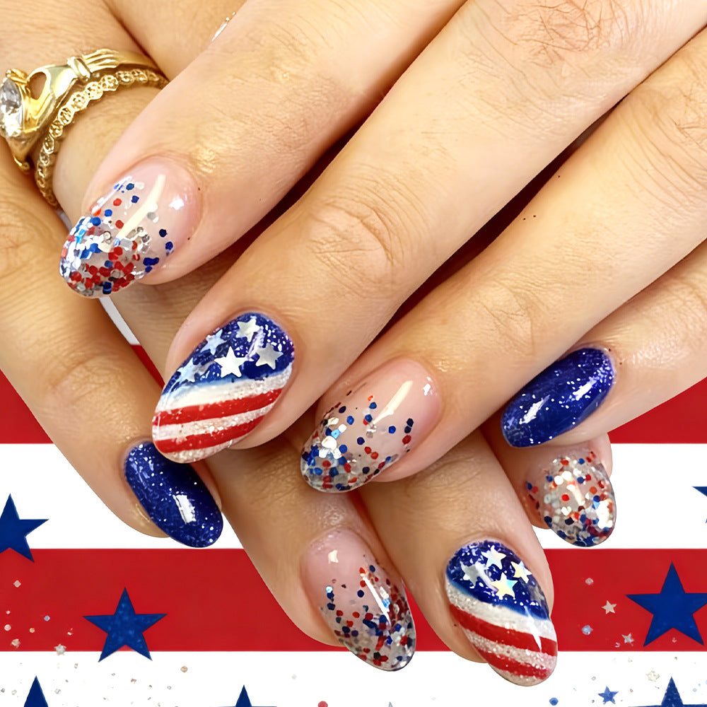 24pcs/Set Red & White Striped Star Glitter Press-On Nails