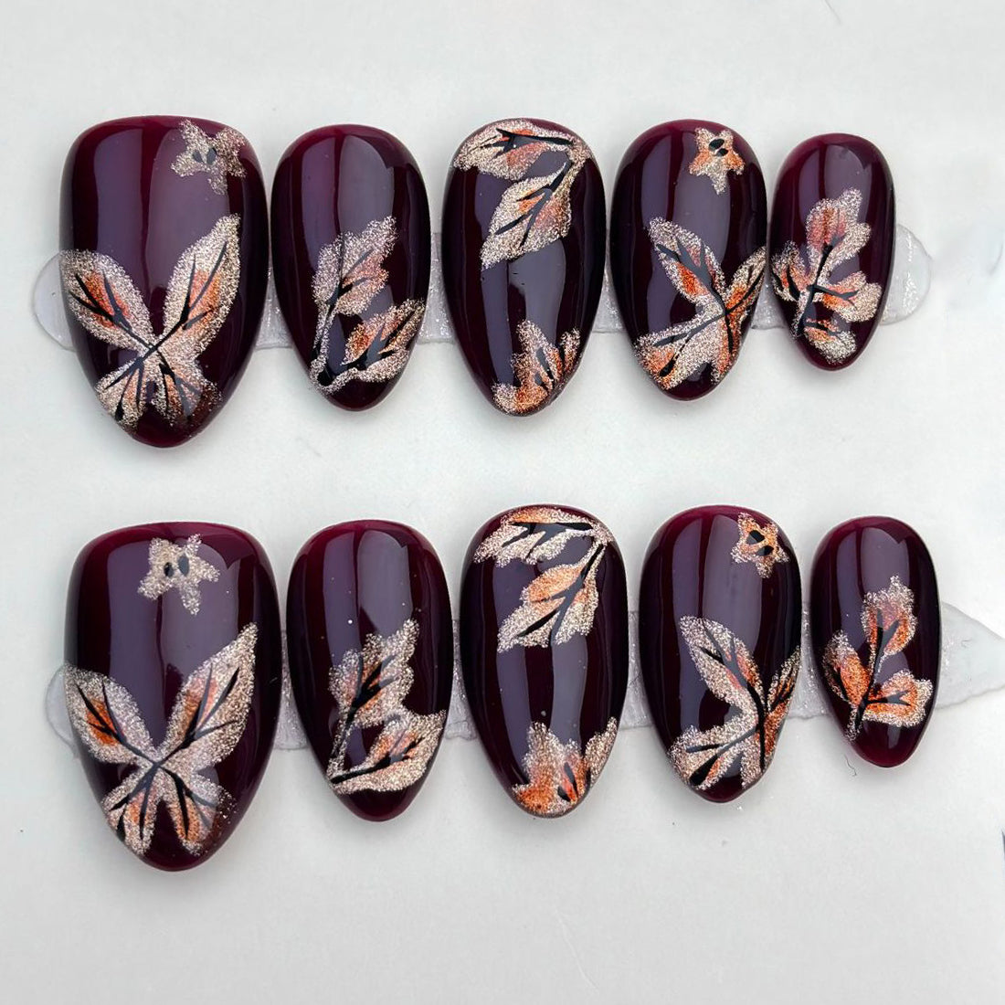 (Handmade) 10pcs/Set Deep Red Cat Eye Maple Leaf Press-On Nails