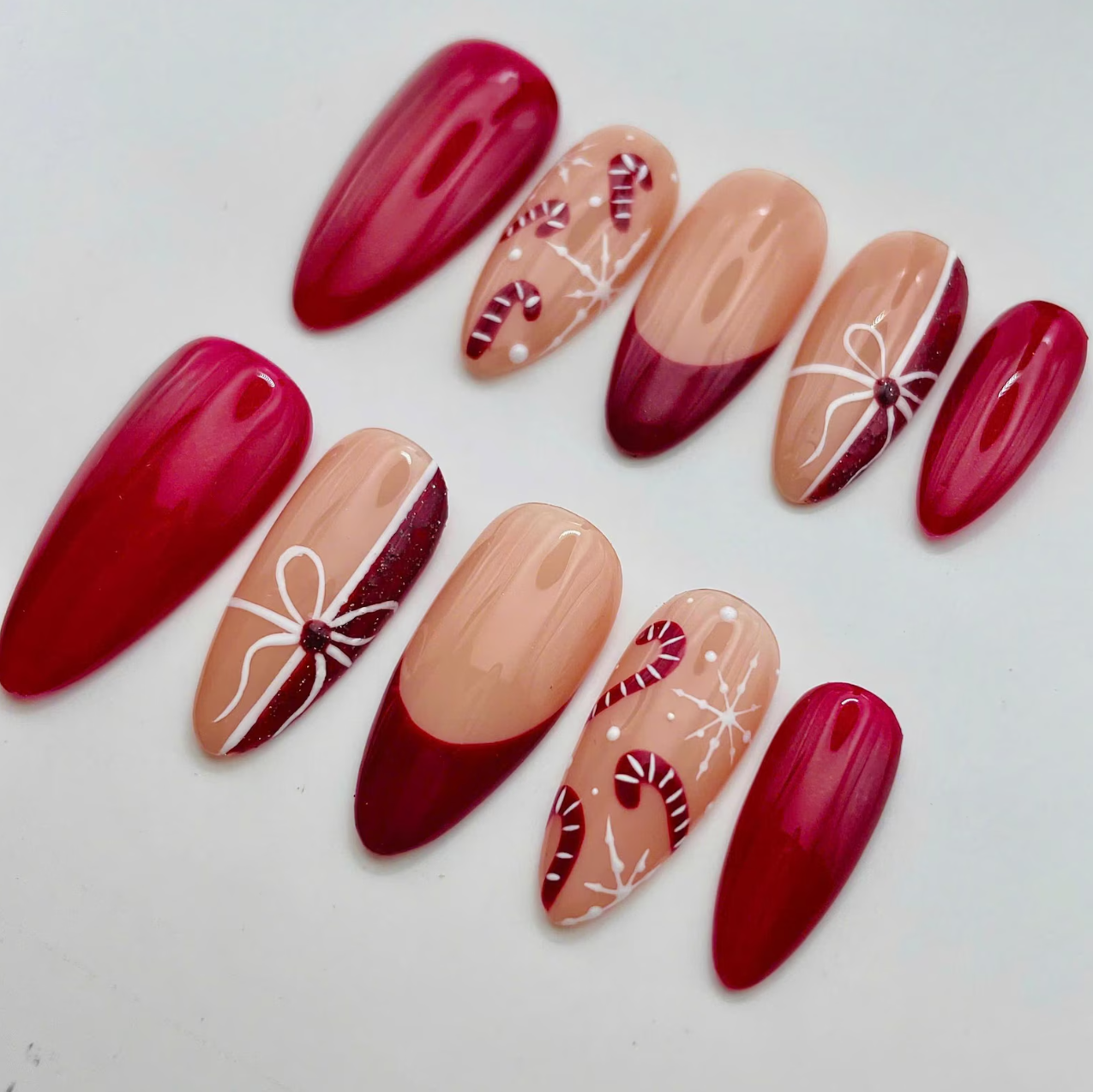 (Handmade) 10pcs/Set Christmas Candy Cane Bow French Press On Nails