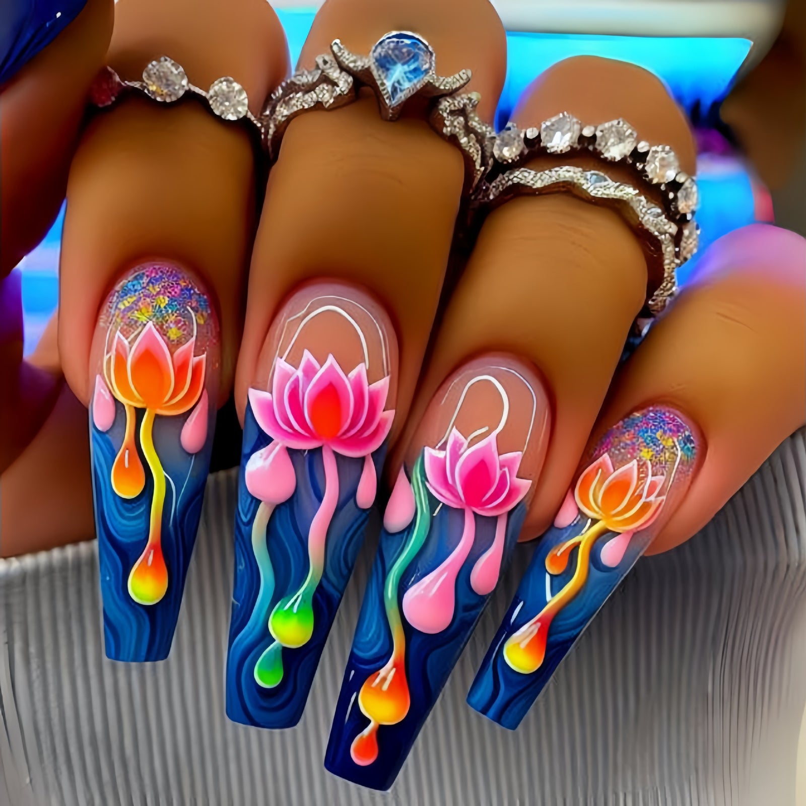 24pcs/Set Multicolor Tie-Dye Lotus Press-On Nails