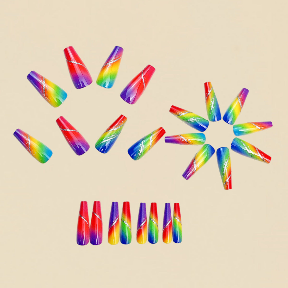 24pcs/Set Rainbow Gradient with Silver Glitter Lines Press-On Nails