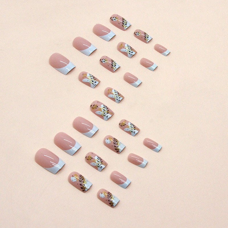 24pcs/Set Gold Glitter Leaf French Tip Press-On Nails