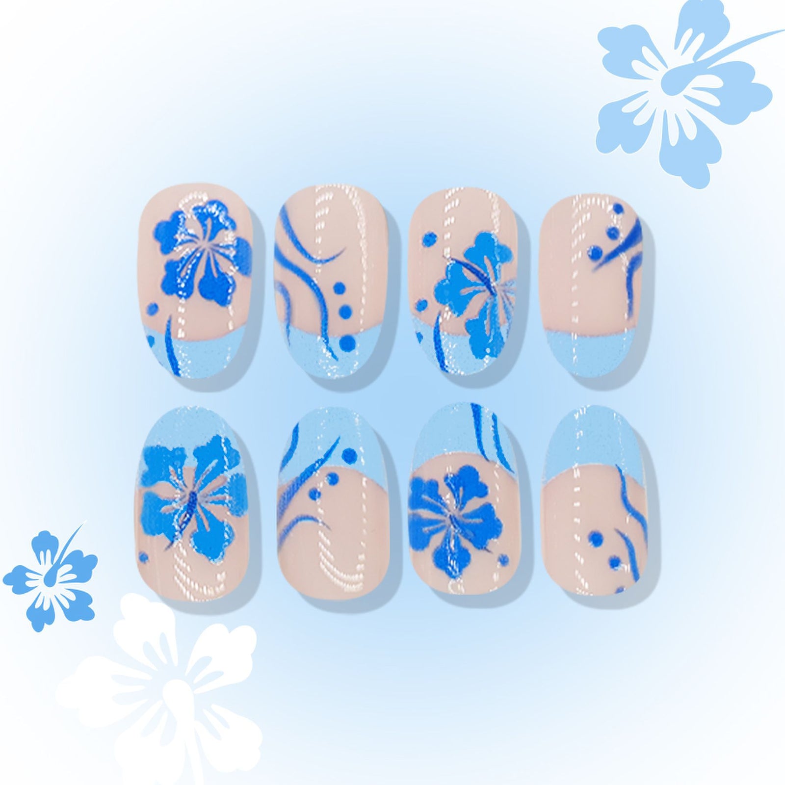 24pcs/Set Aqua Blue Floral Press-On Nails