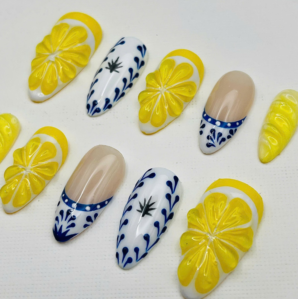 (Handmade) 10pcs/Set Lemon Yellow Blue Tile Citrus 3D Press-On Nails
