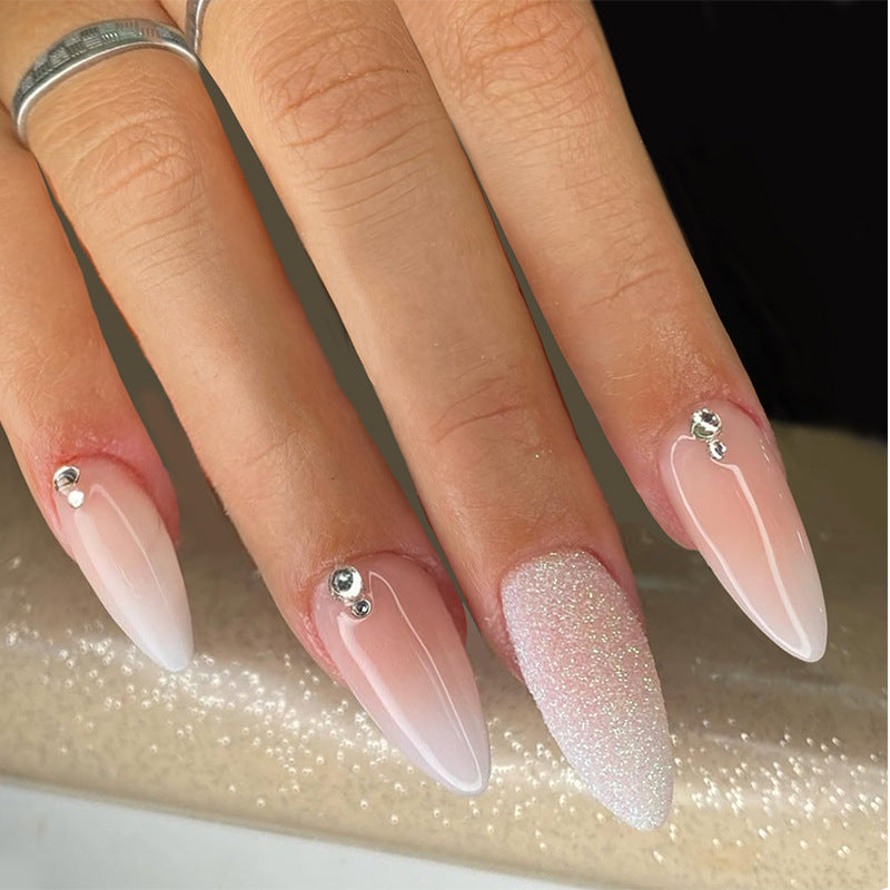 24pcs/Set White Gradient Glitter Rhinestones Press-On Nails