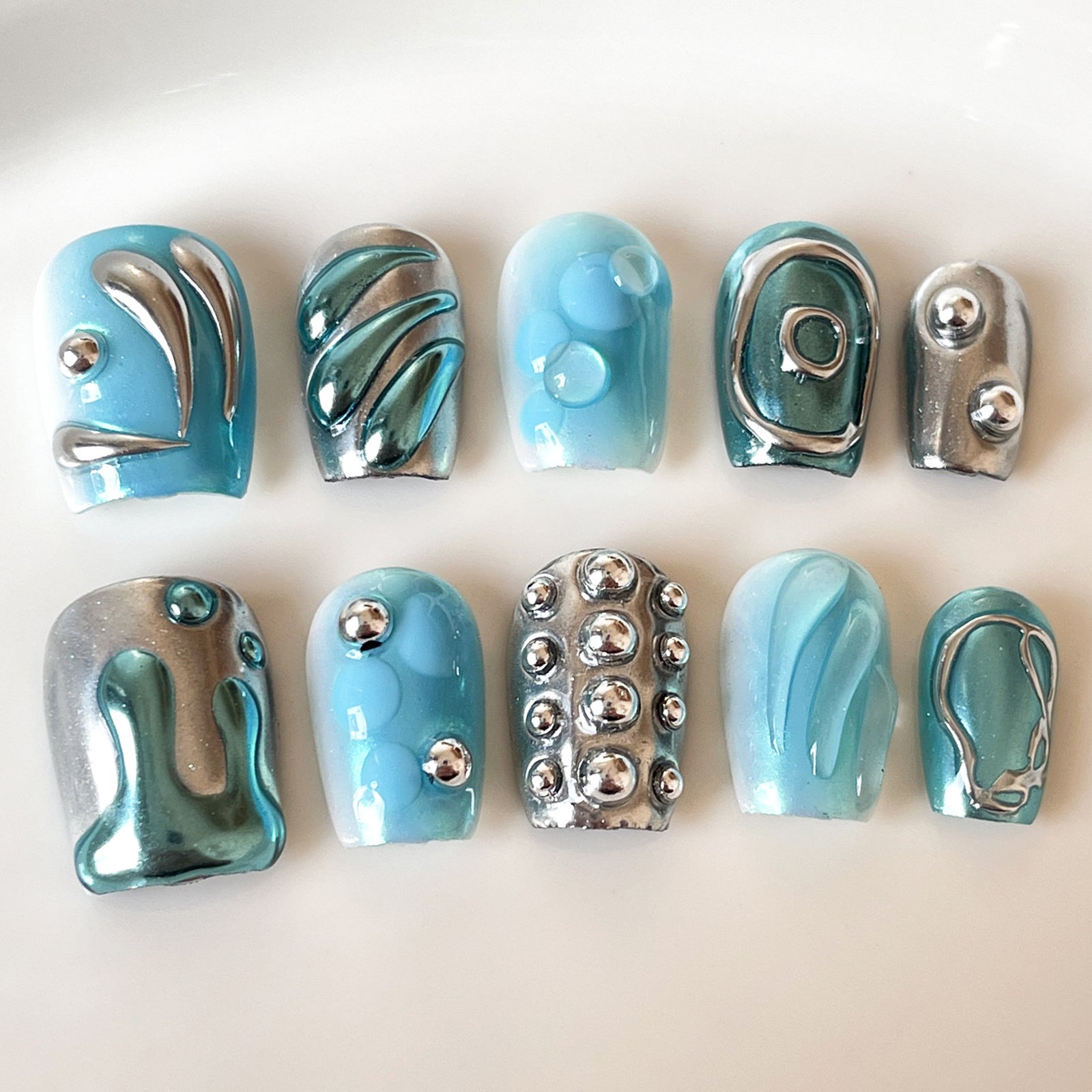 (Handmade) 10pcs/Set Blue 3D Mermaid's Tears Press-On Nails