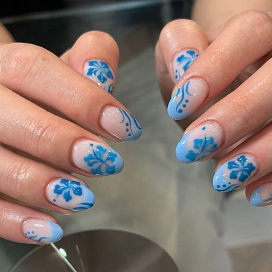 24pcs/Set Aqua Blue Floral Press-On Nails