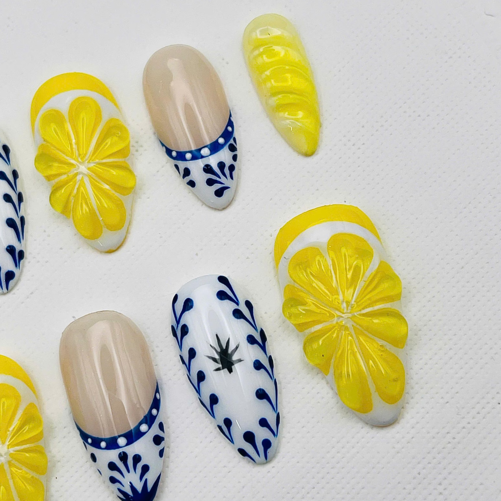 (Handmade) 10pcs/Set Lemon Yellow Blue Tile Citrus 3D Press-On Nails