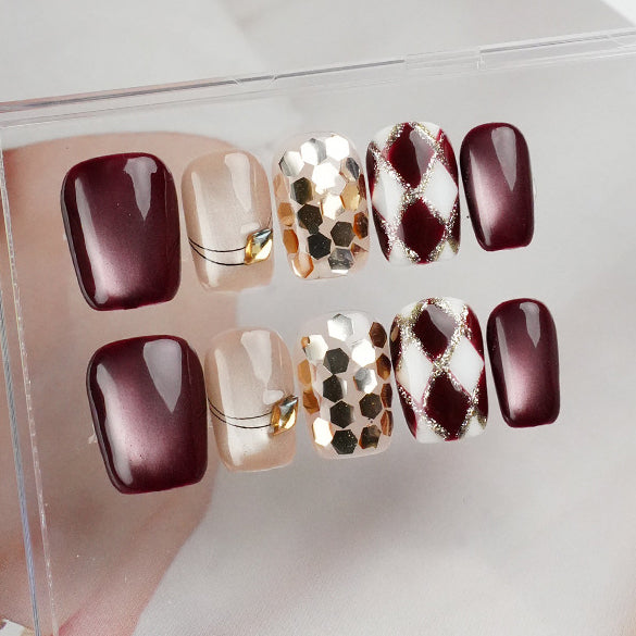 (Handmade) 10pcs/Set Cat Eye Grid Press-On Nails