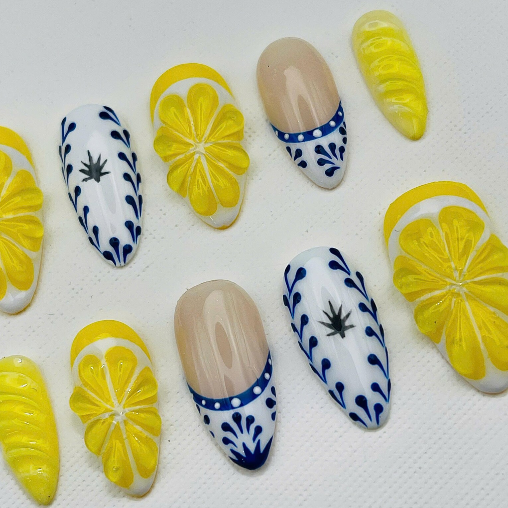 (Handmade) 10pcs/Set Lemon Yellow Blue Tile Citrus 3D Press-On Nails