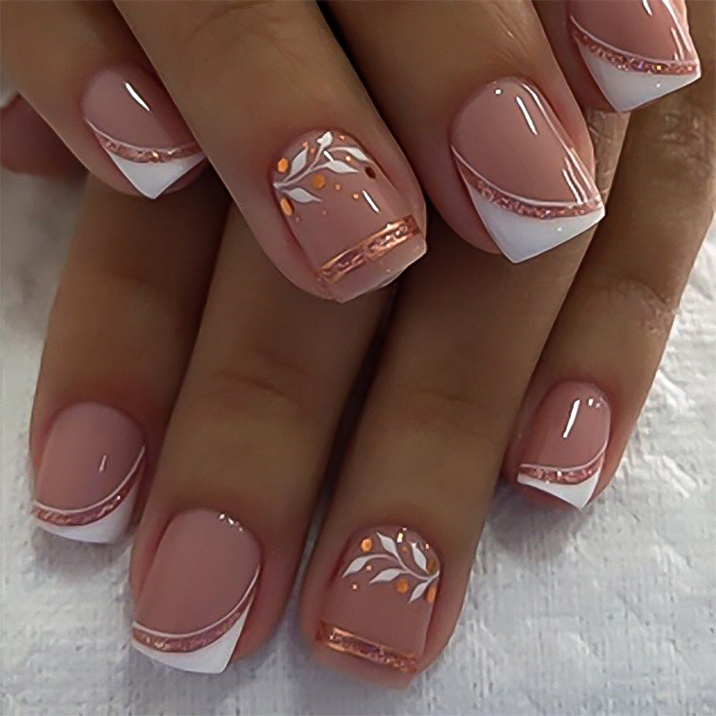 24pcs/Set Minimalist French Tips with Branches Short Press On Nails
