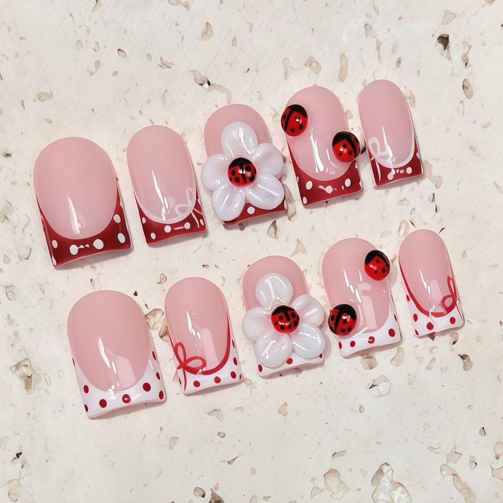 (Handmade) 10pcs/Set Ladybug & 3D Floral French Press-On Nails