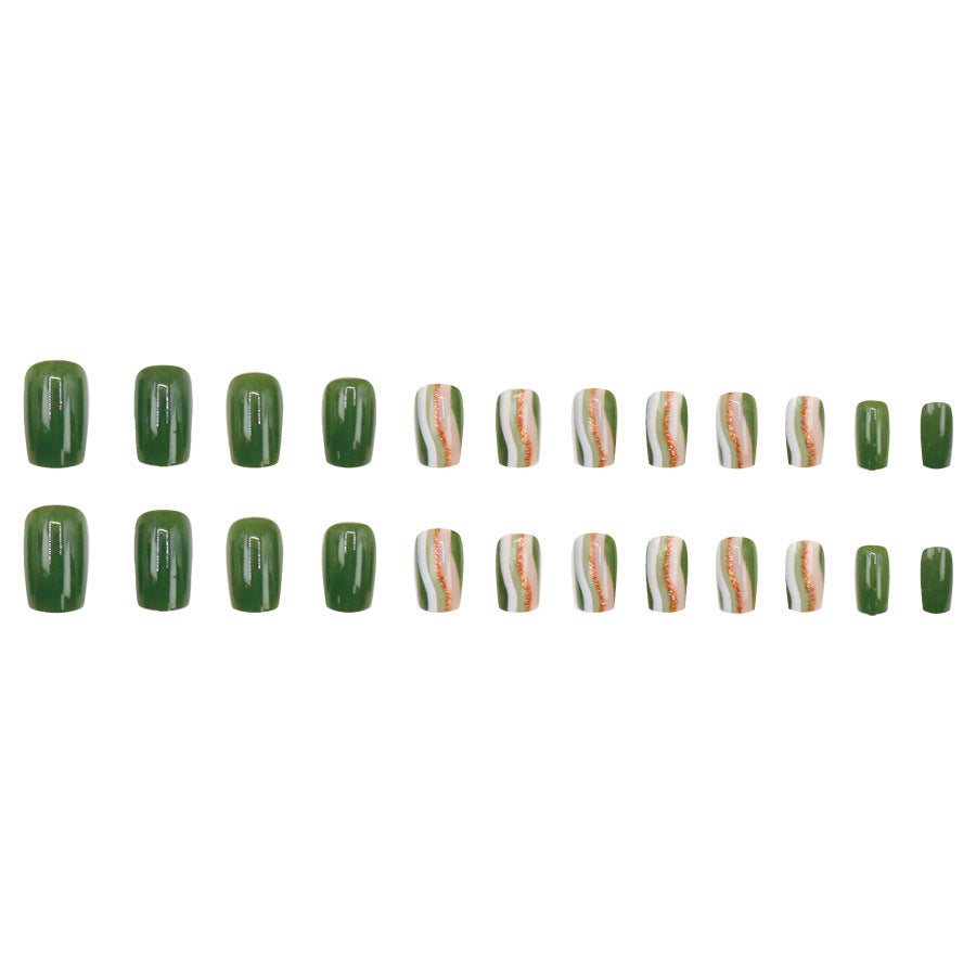 24pcs/Set Green Glitter Ripple Short Press On Nails