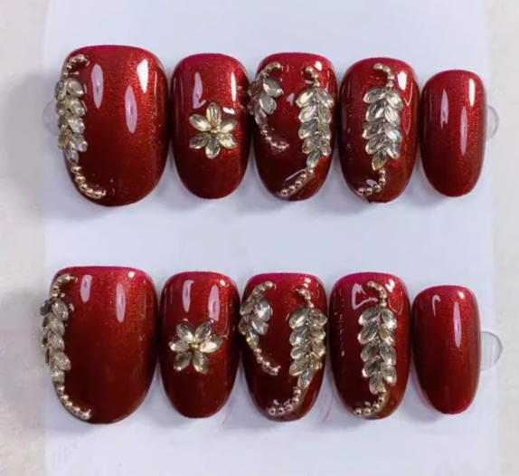 (Handmade) 10pcs/Set Red Flowers Leaves Press-On Nails