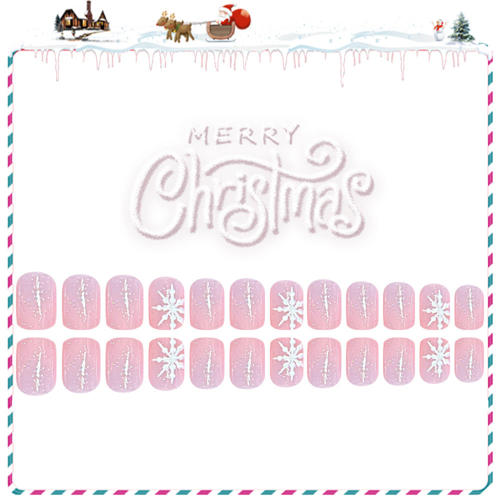 24pcs/Set Short Square Pink Snowflakes Press On Nails