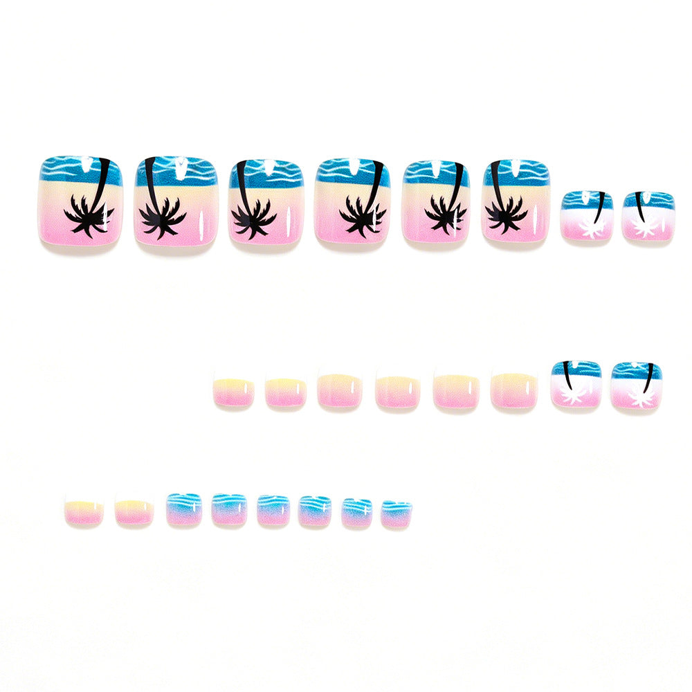 24pcs/Set Palm Tree and Blue Ocean Press On Toe Nails