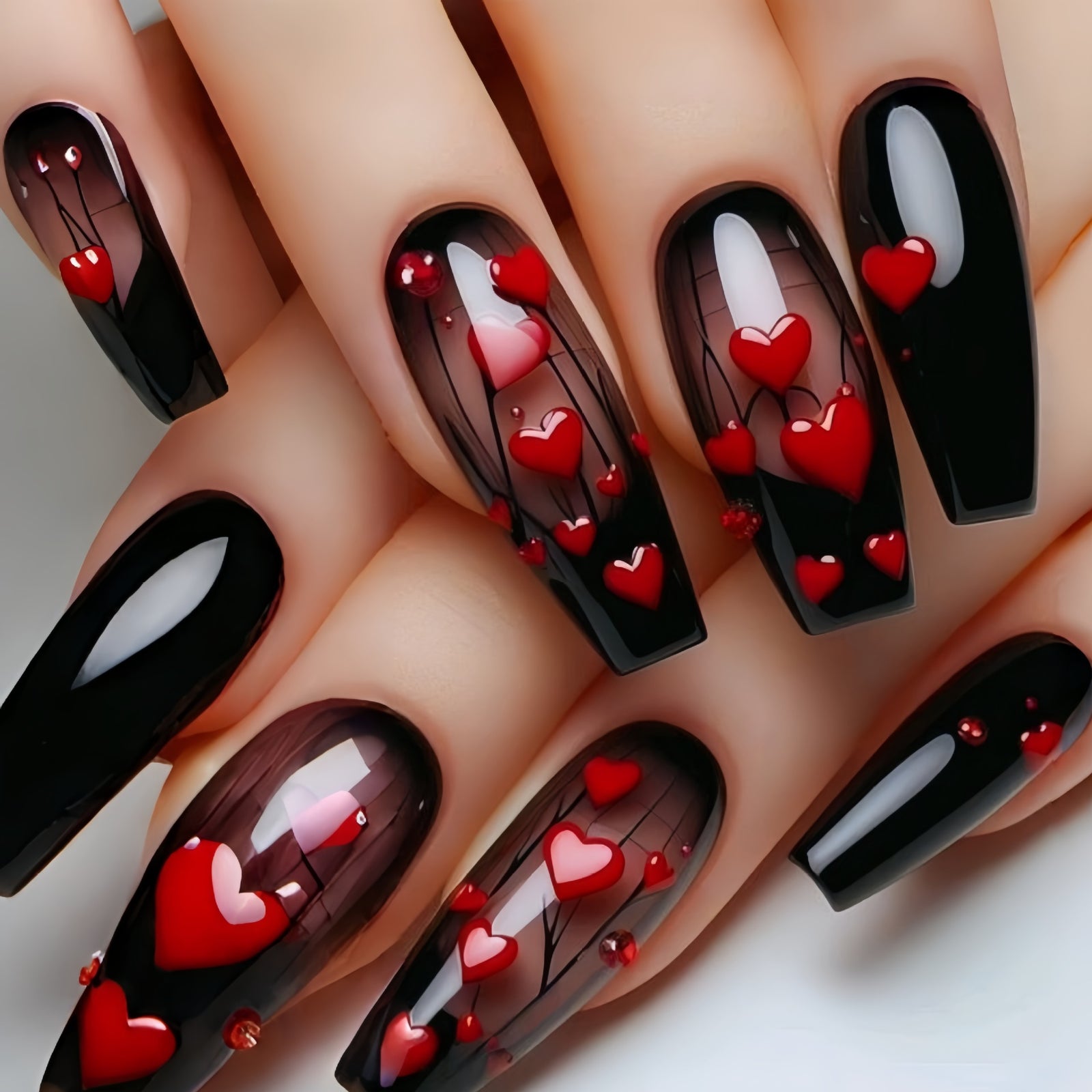 24pcs/Set Long Red Heart Design Press-On Nails