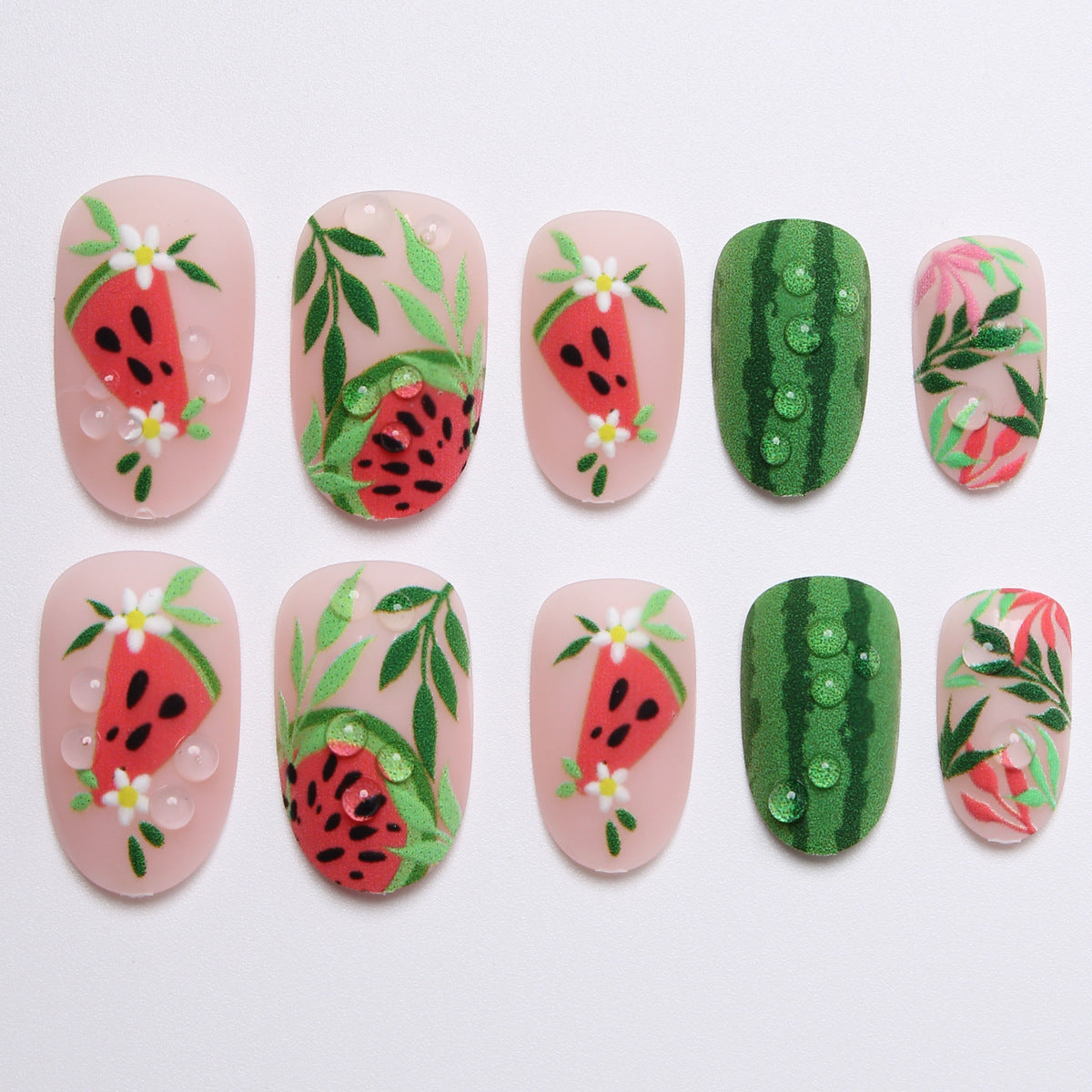 24pcs/Set Fresh Floral Watermelont Press-On Nails