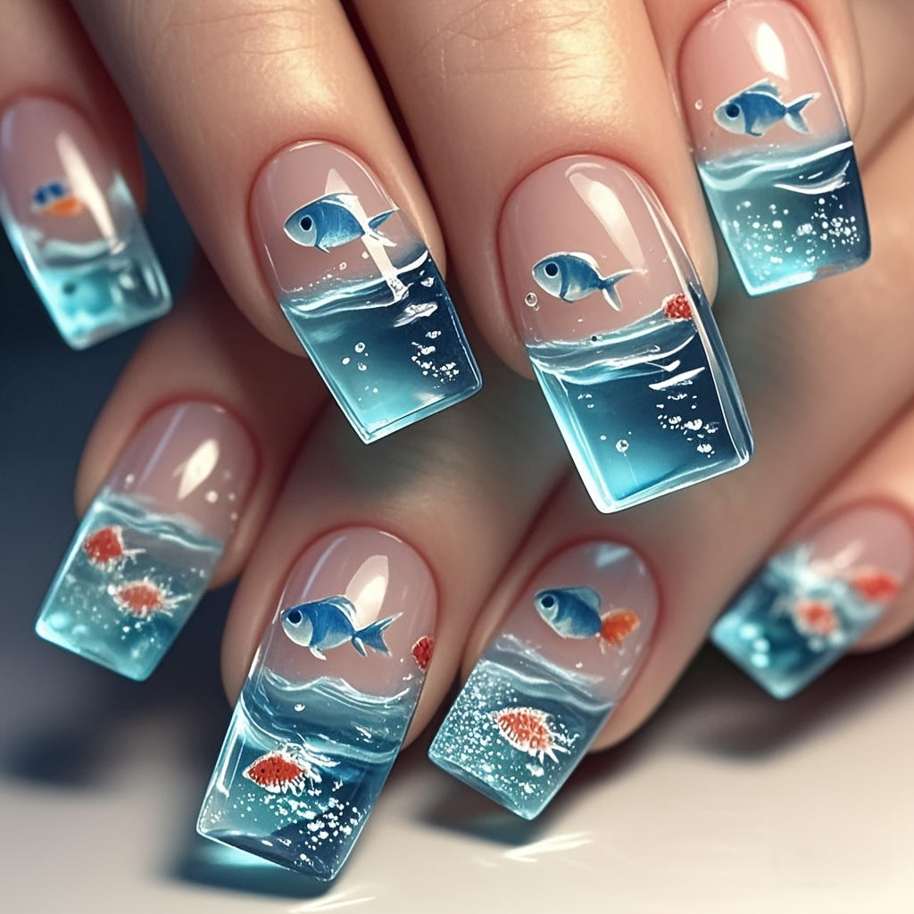 24pcs/Set Blue Ocean Fish Press-On Nails