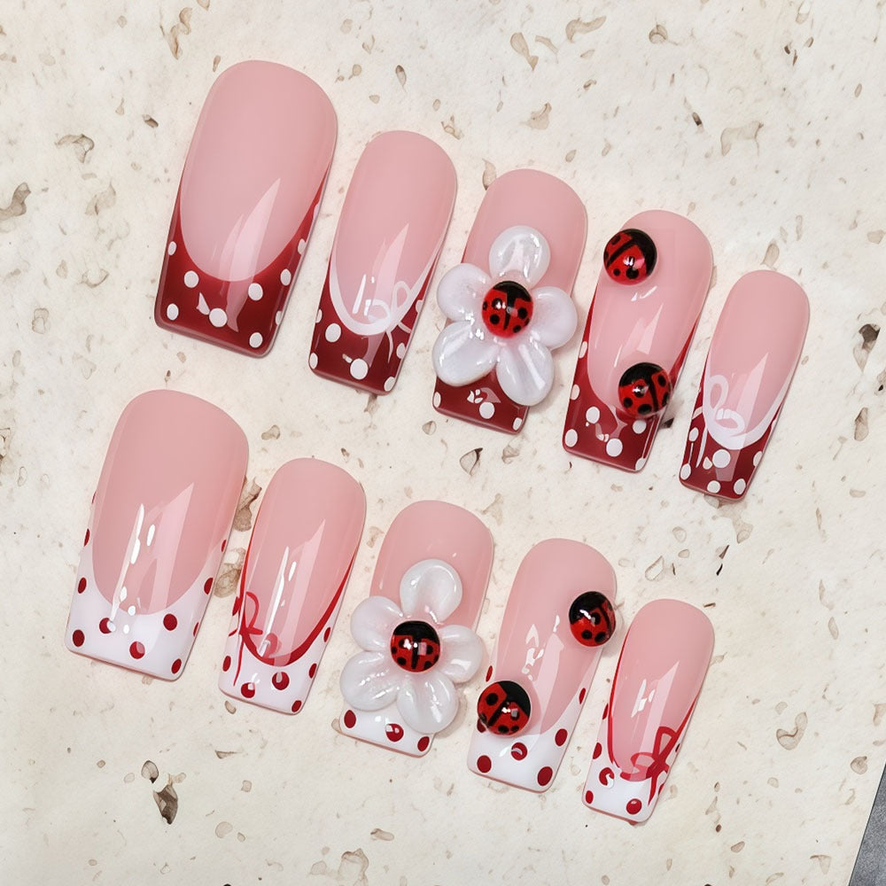 (Handmade) 10pcs/Set Ladybug & 3D Floral French Press-On Nails