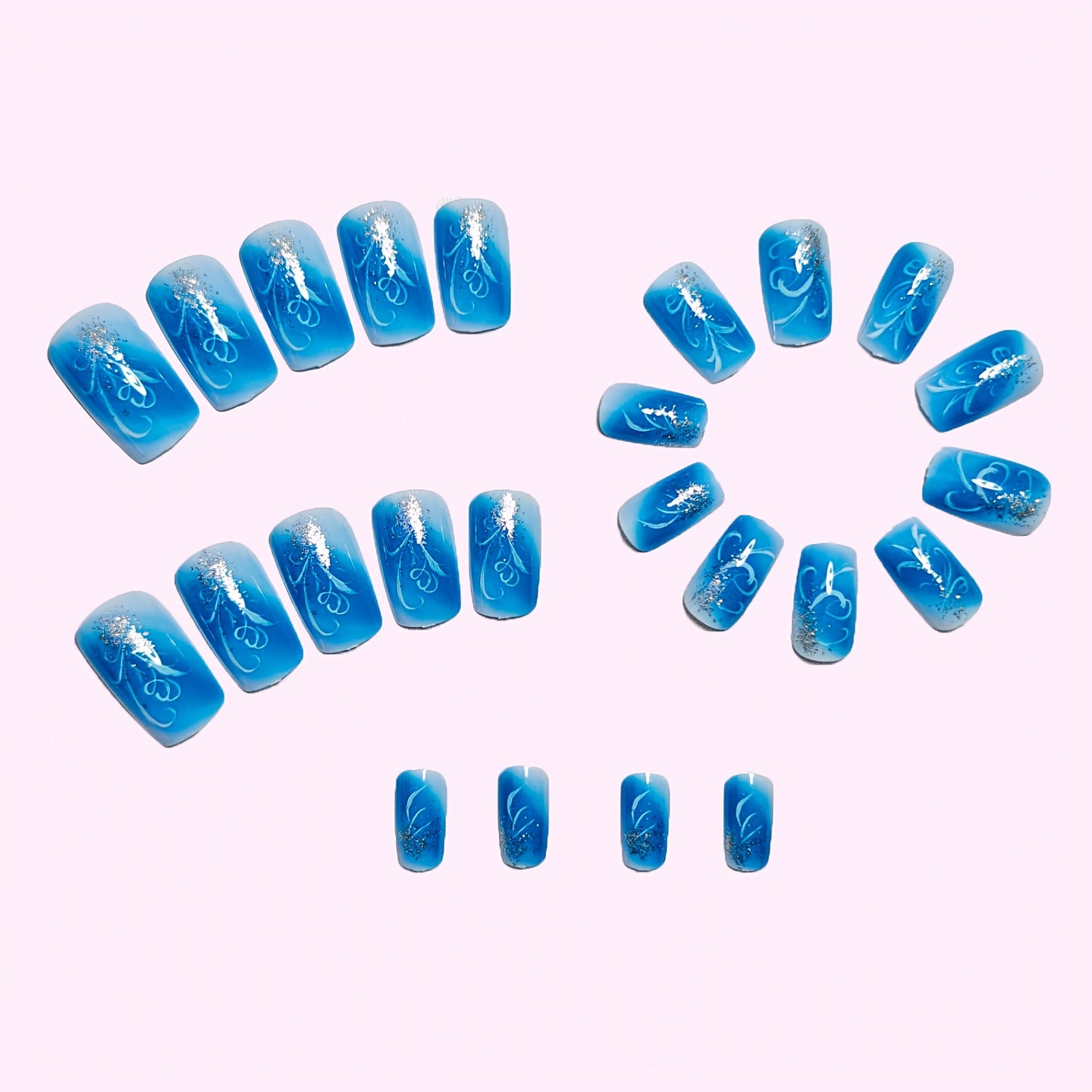 24pcs/Set Light Blue Silver Glitter Gradient Press-On Nails