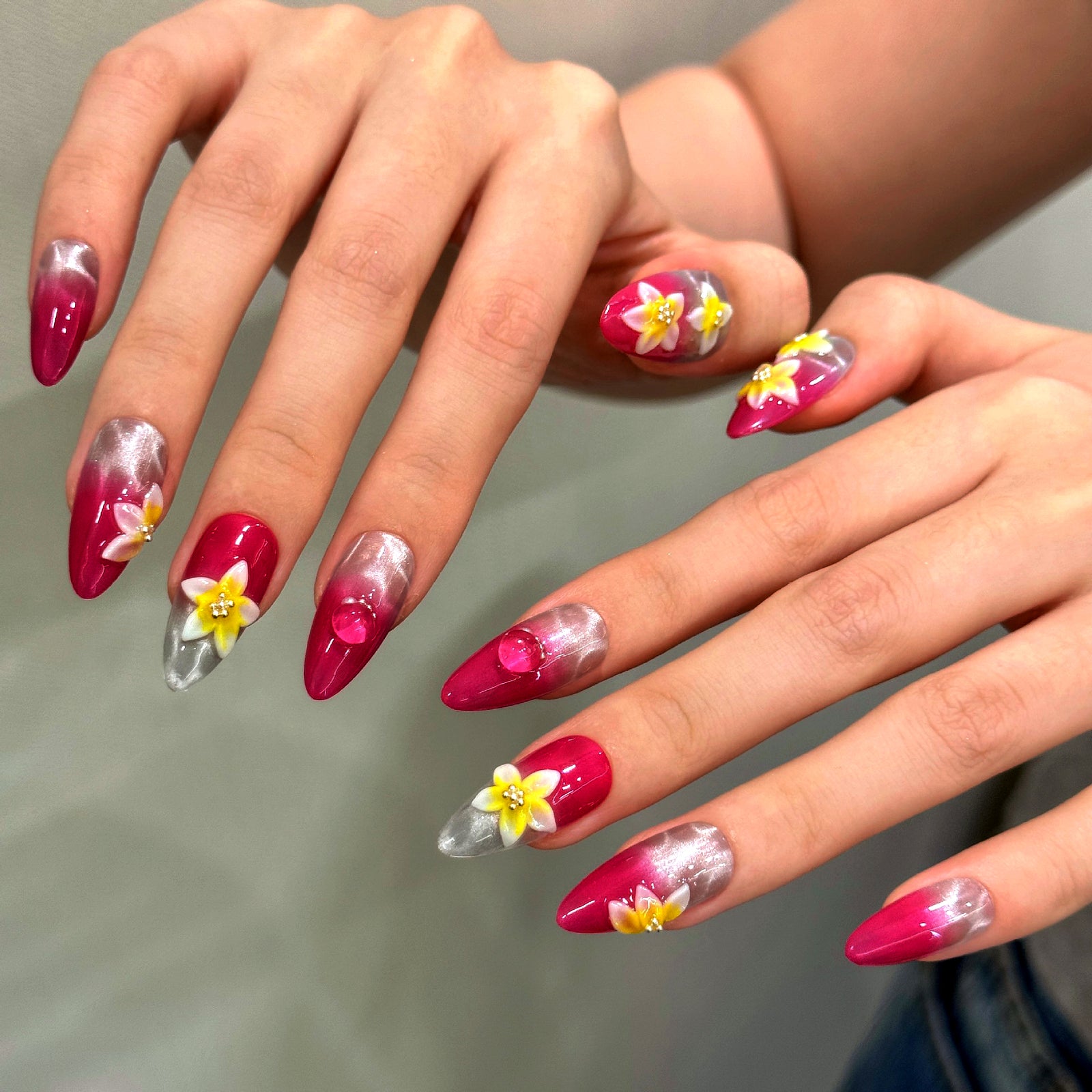(Handmade) 10pcs/Set Rose Cat-Eye with 3D Ice FlowersI and Water Ripple Press-On Nails