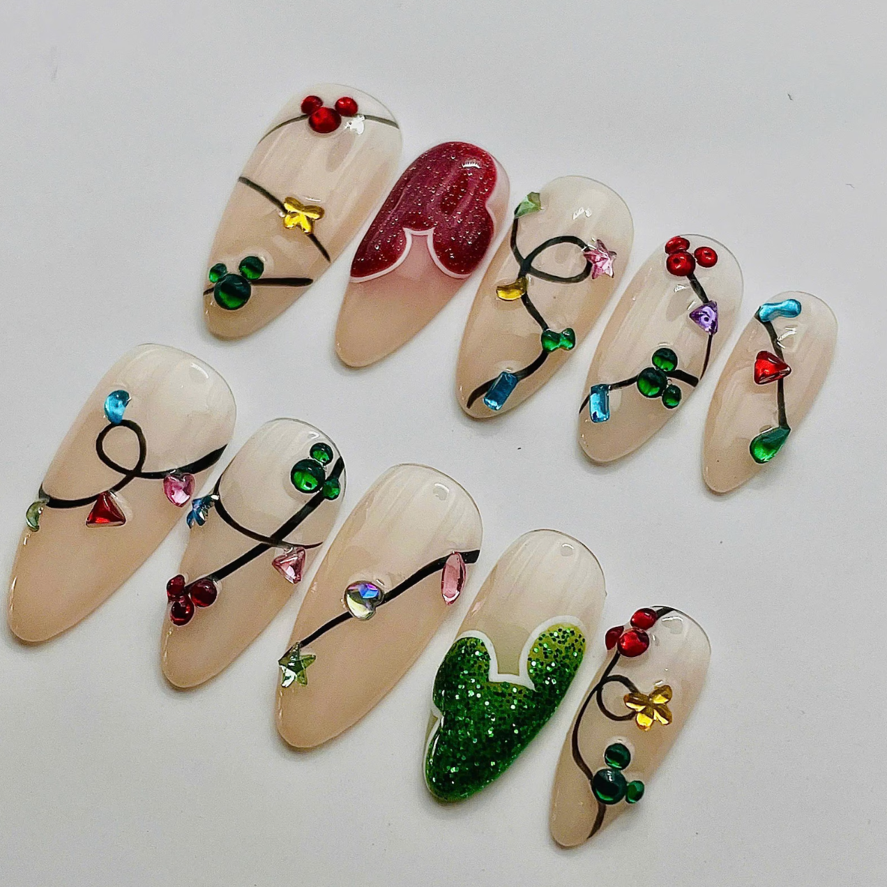 (Handmade) 10pcs/Set 3D Christmas Light Press On Nails