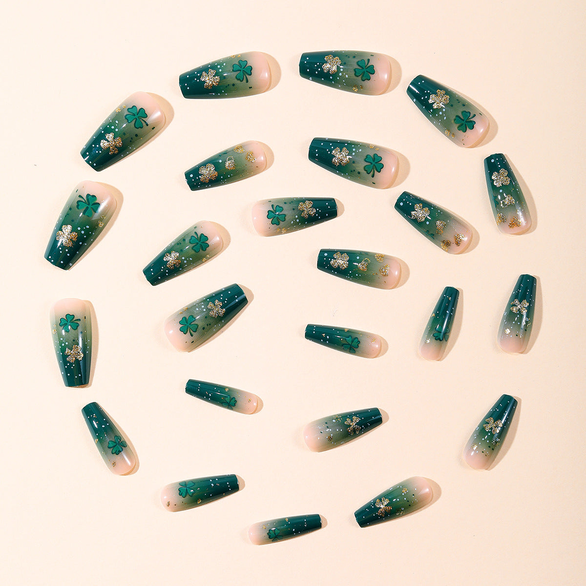 24pcs/Set Gradient Green Glitter Clover Hearts Press-On Nails