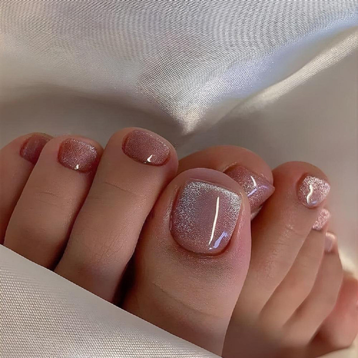 24pcs/Set Nude Crystal Cat Eye Press On Toe Nails