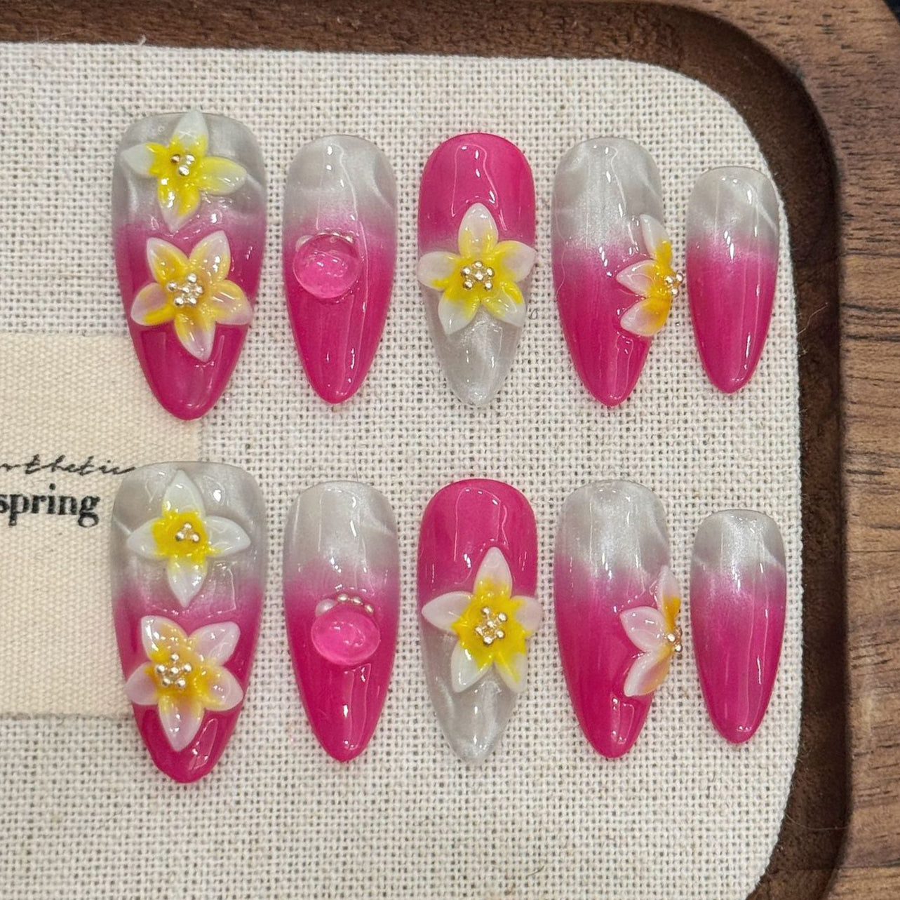 (Handmade) 10pcs/Set Rose Cat-Eye with 3D Ice FlowersI and Water Ripple Press-On Nails