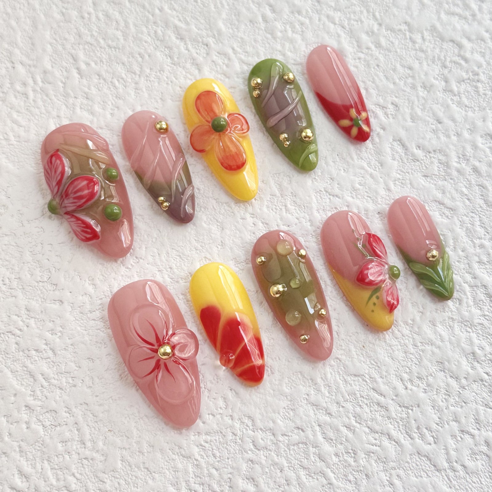 (Handmade) 10pcs/Set 3D Floral Press-On Nails