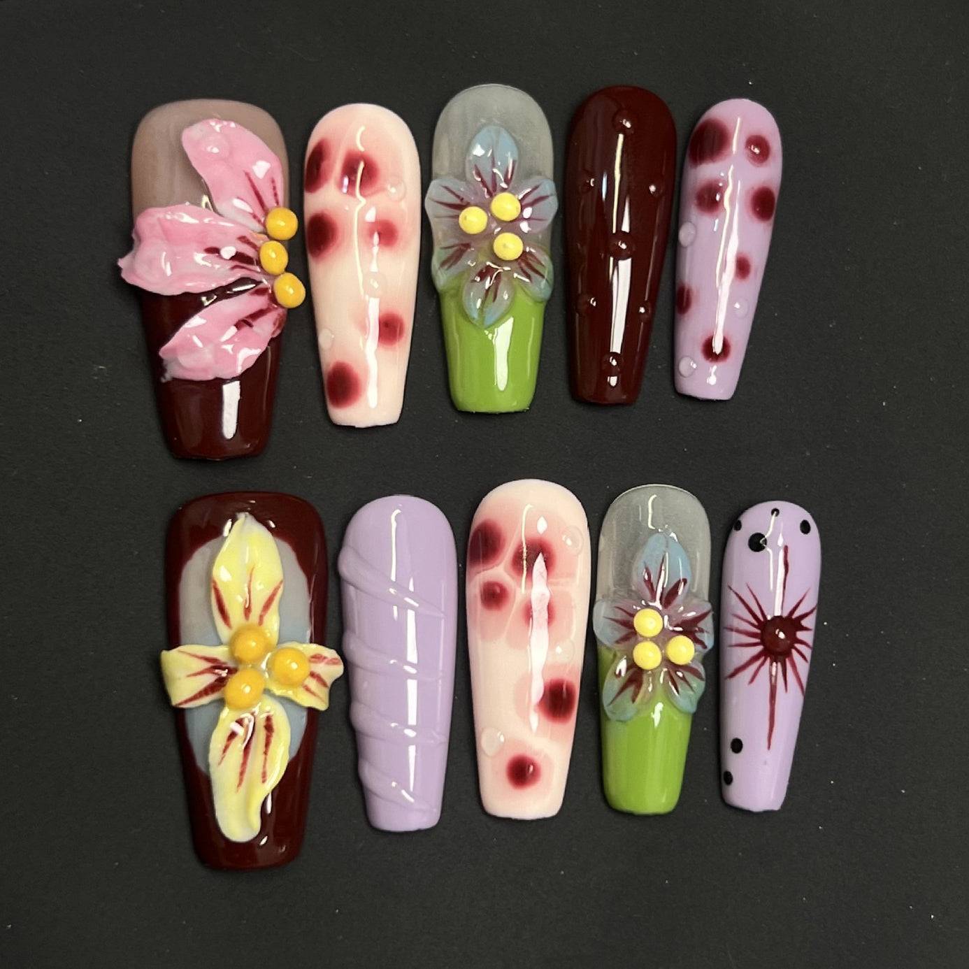 (Handmade) 10pcs/Set 3D Devil Flower Press-On Nails