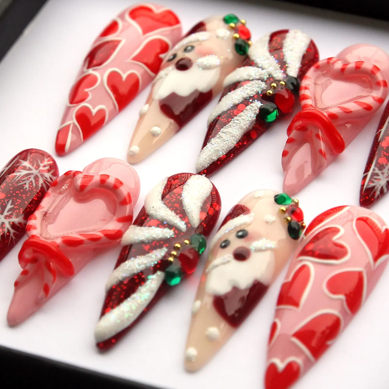 (Handmade) 10pcs/Set 3D Christmas Bow Heart Snowflake Press On Nails
