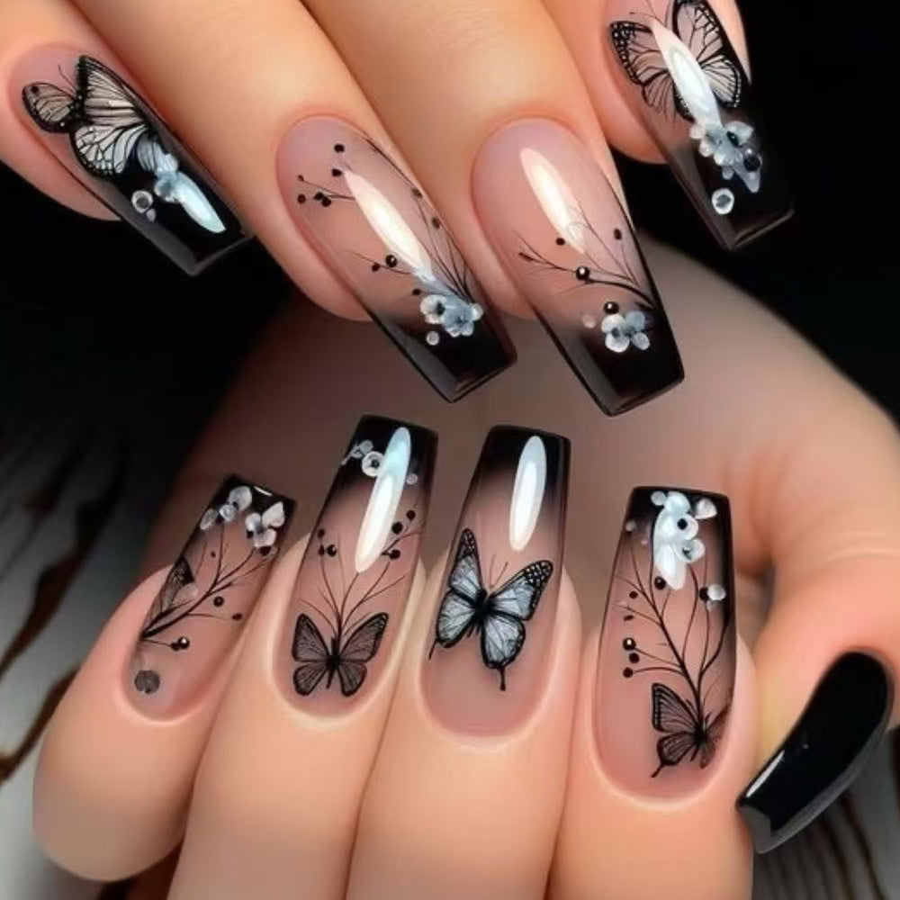 24pcs/Set Black Flowers and Butterflies Press-On Nails