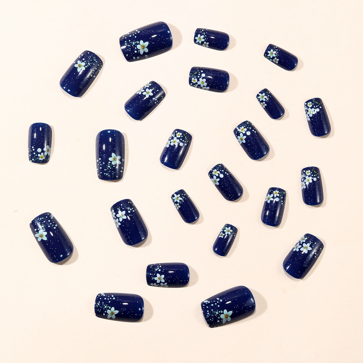 24pcs/Set Dark Blue Polka Dot Flower Press-On Nails