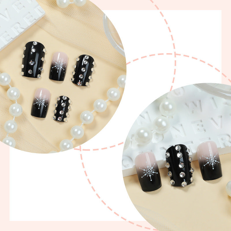 24pcs/Set Black Snowflake Ombre with Rhinestones Press-On Nails