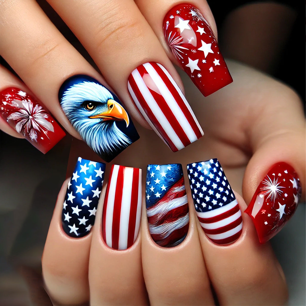 24pcs/Set American Flag Bald Eagle & Fireworks Press-On Nails