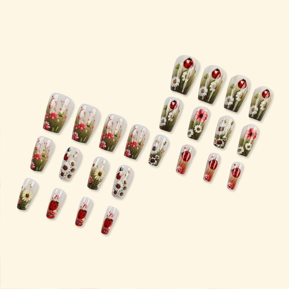 24pcs/Set Ladybug White Daisy Press-On Nails