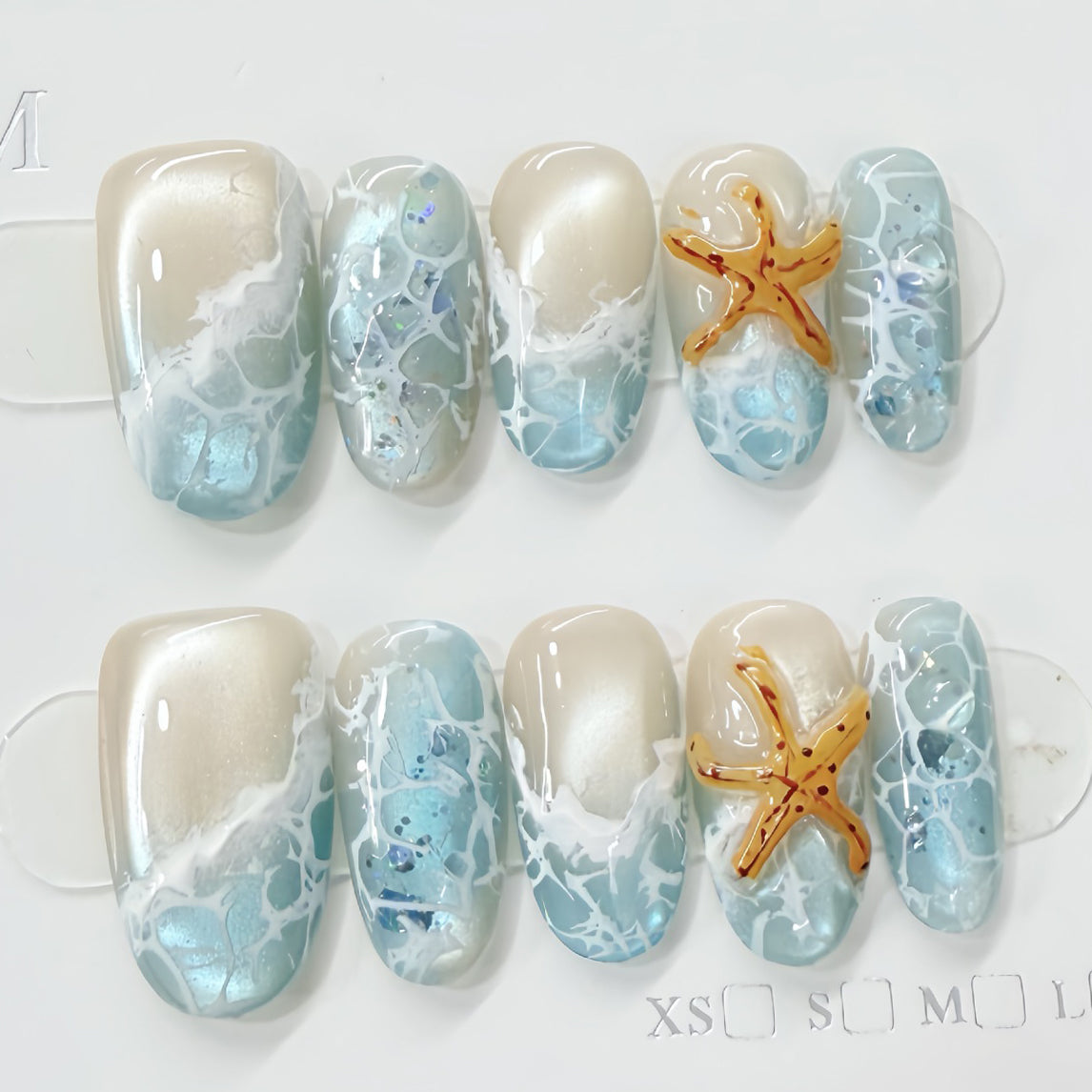 (Handmade) 10pcs/Set Summer Waves and Starfish Press-On Nails