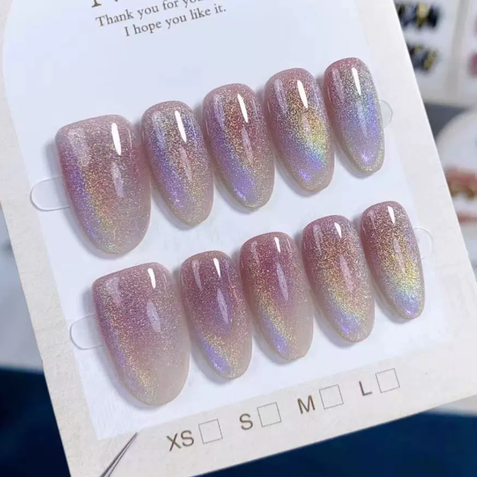 (Handmade) 10pcs/Set Rainbow Gradient Cat Eye Press-On Nails