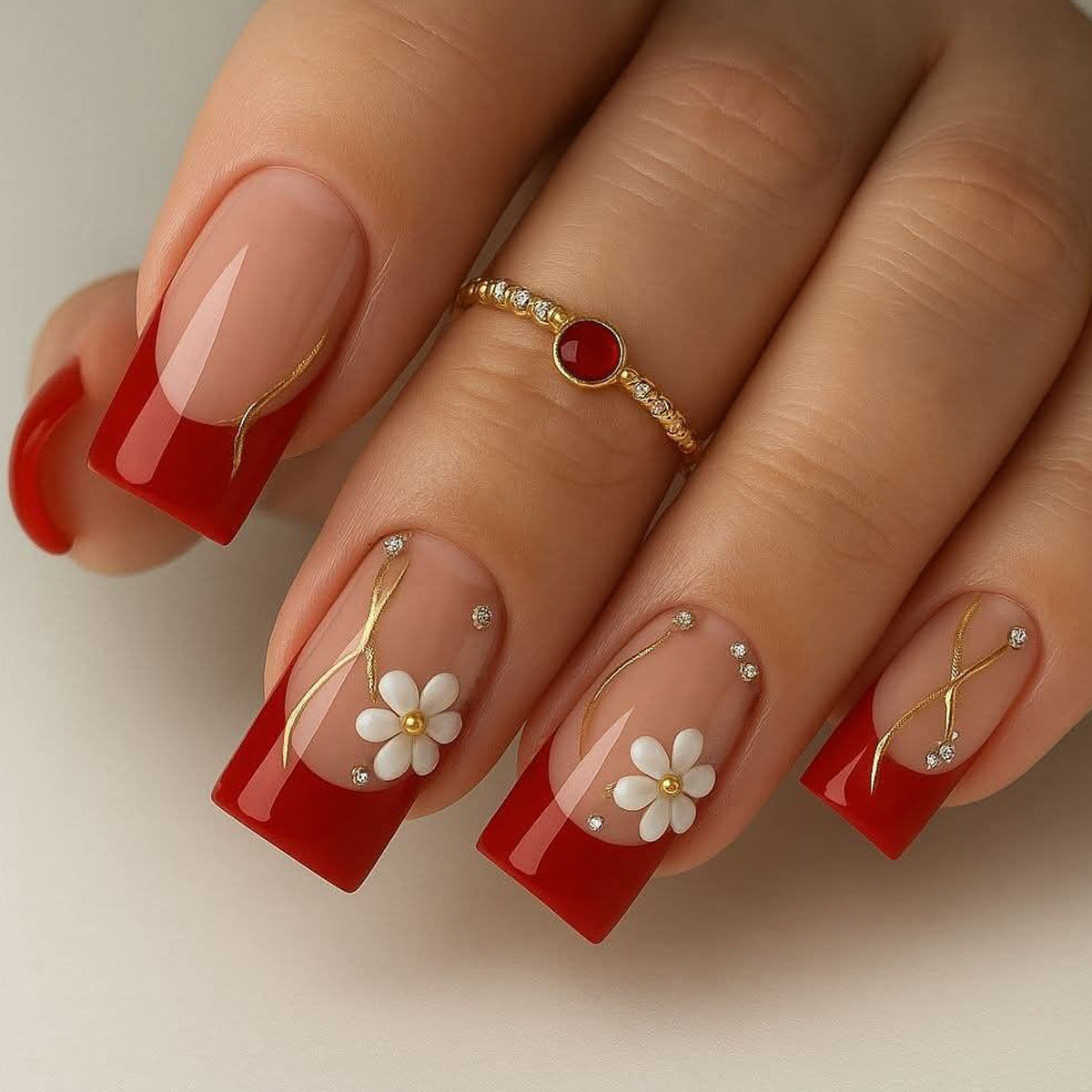 24pcs/Set Red French Tips with Gold Line Flowers Press-On Nails