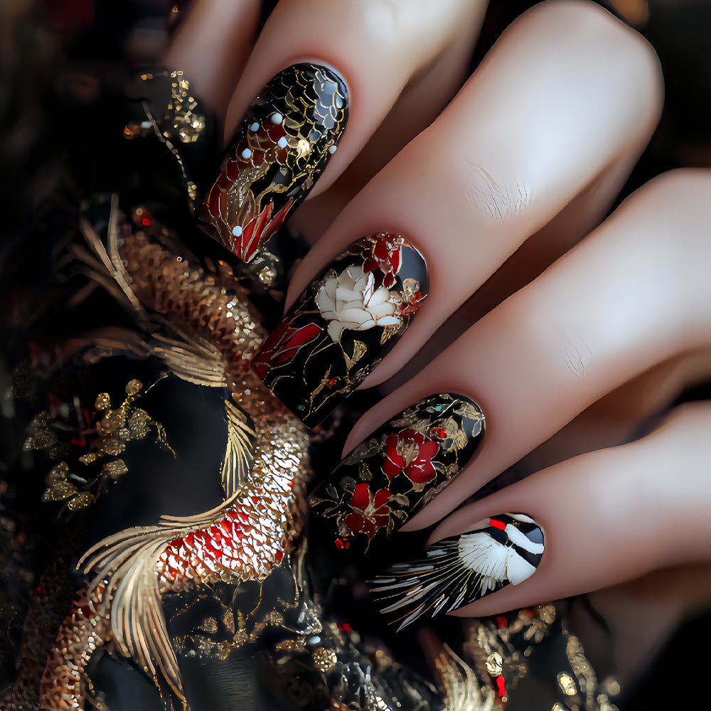 24pcs/Set Red Vintage Peony Press-On Nails