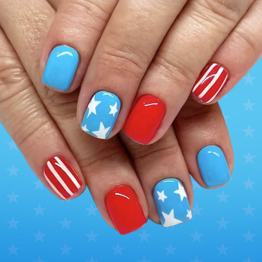 24pcs/Set Red & Blue Striped Star Press-On Nails