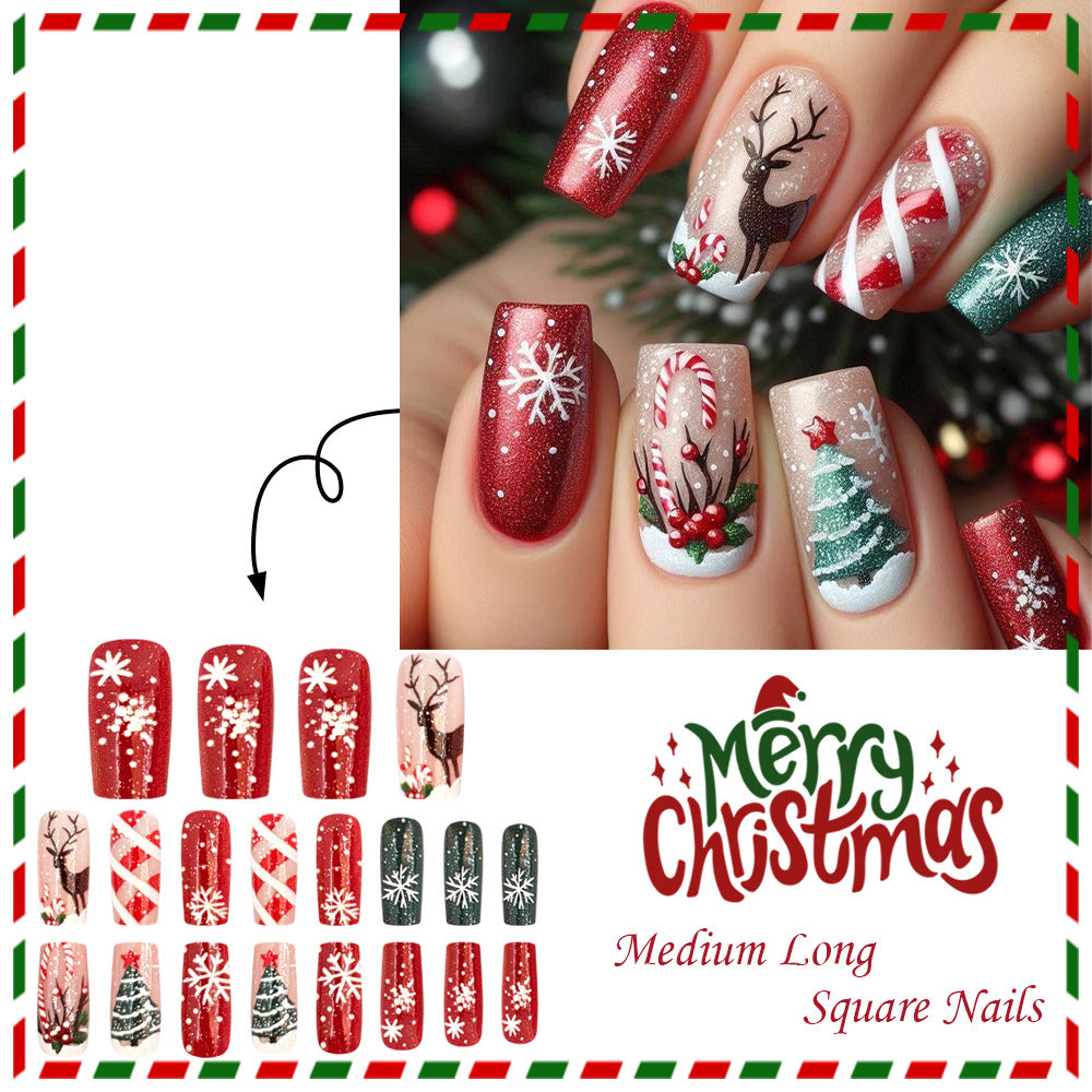 24pcs/Set Christmas Tree & Reindeer Red and White Color Block Press-On Nails