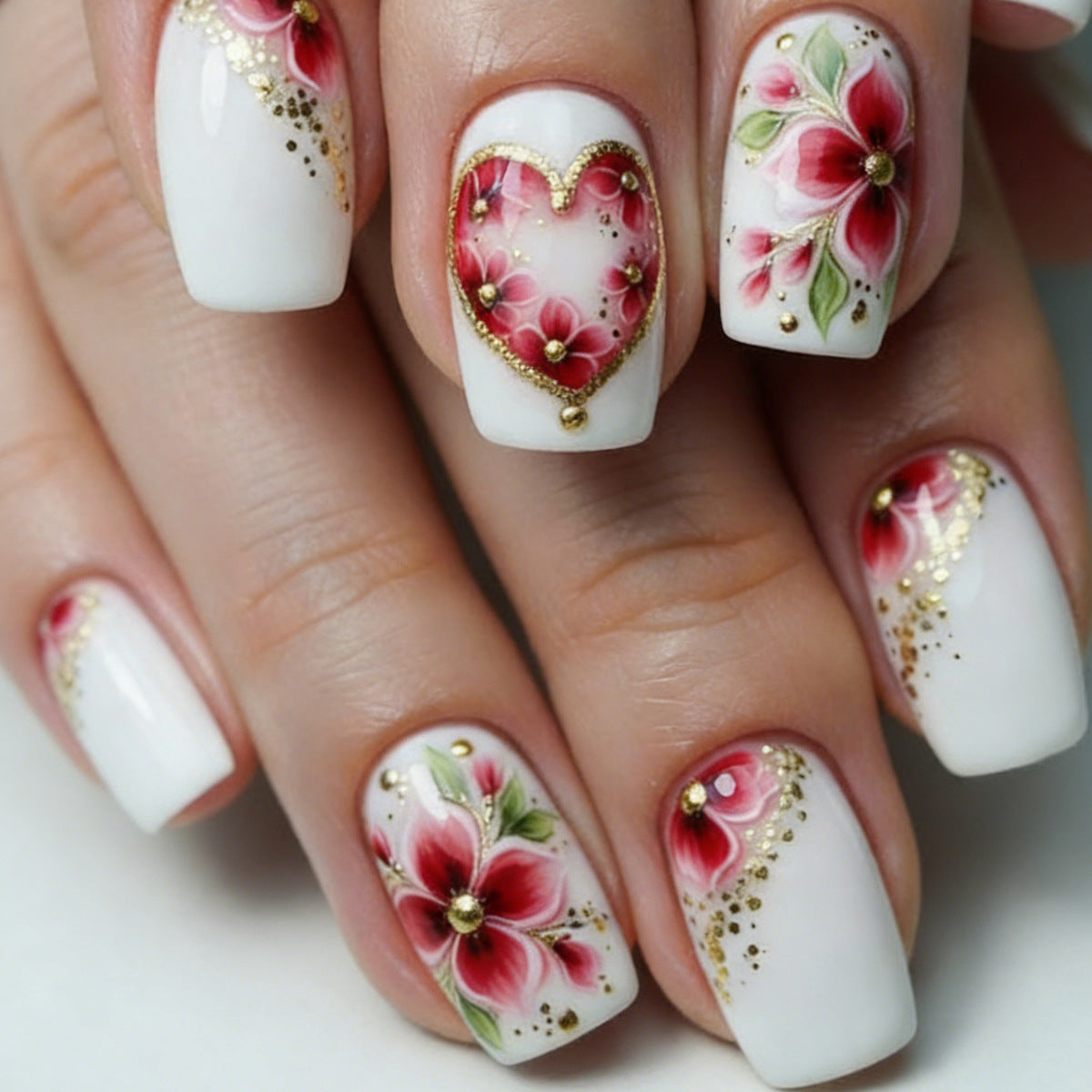 24pcs/Set Glitter Flower Heart Design Press-On Nails