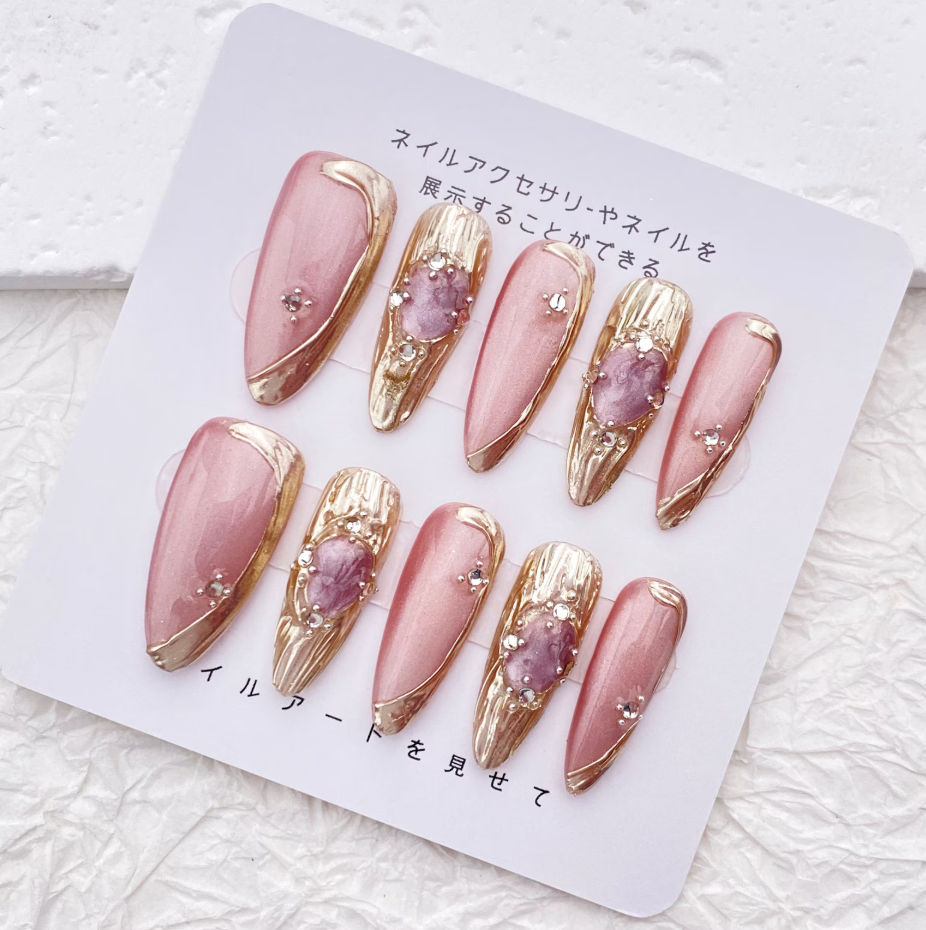 (Handmade) 10pcs/Set Pink Glitter Cat Eye Press-On Nails