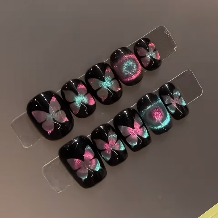 (Handmade) 10pcs/Set Dual-Tone Cat's Eye Dreamy Butterfly Press-On Nails